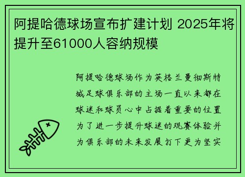 阿提哈德球场宣布扩建计划 2025年将提升至61000人容纳规模